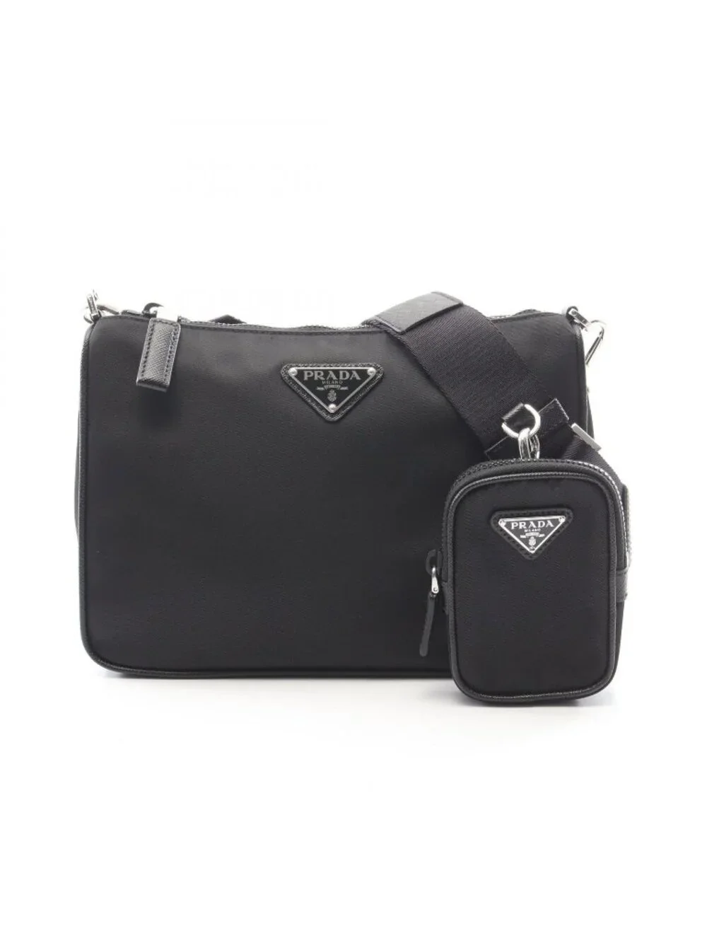 Prada Shoulder Bag Re-Nylon Black Nylon Saffiano Leather Triangle Logo